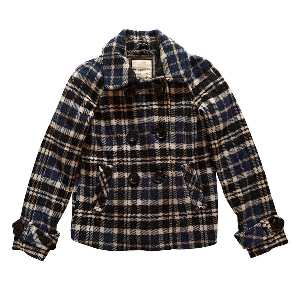 Aeropostale Plaid Peacoat Navy Tan Double Breasted Jacket S